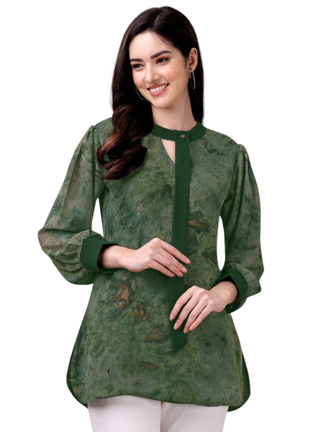 

RIEKA Tie and Dye Print Keyhole Neck Bishop Sleeves Top, Green