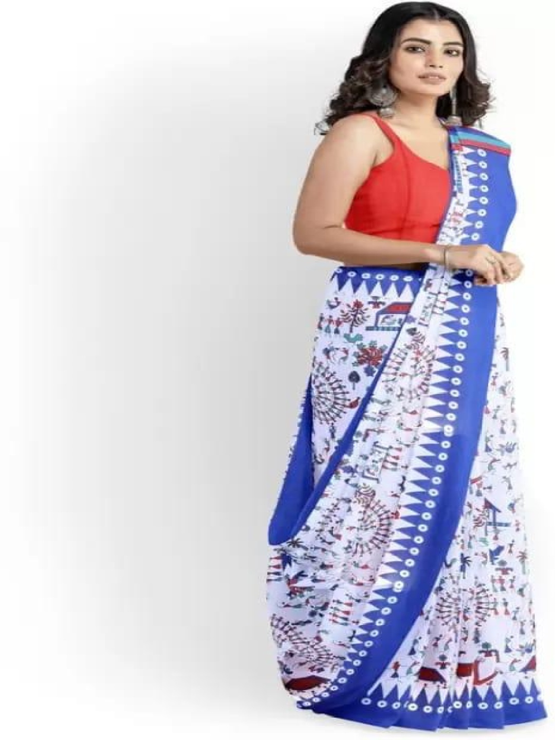 

TROPWEAR Warli Pure Cotton Handloom Block Print Saree, White