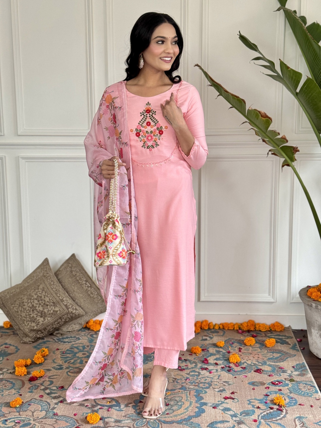 

KALINI Floral Embroidered Thread Work Straight Kurta With Trouser And Dupatta, Peach