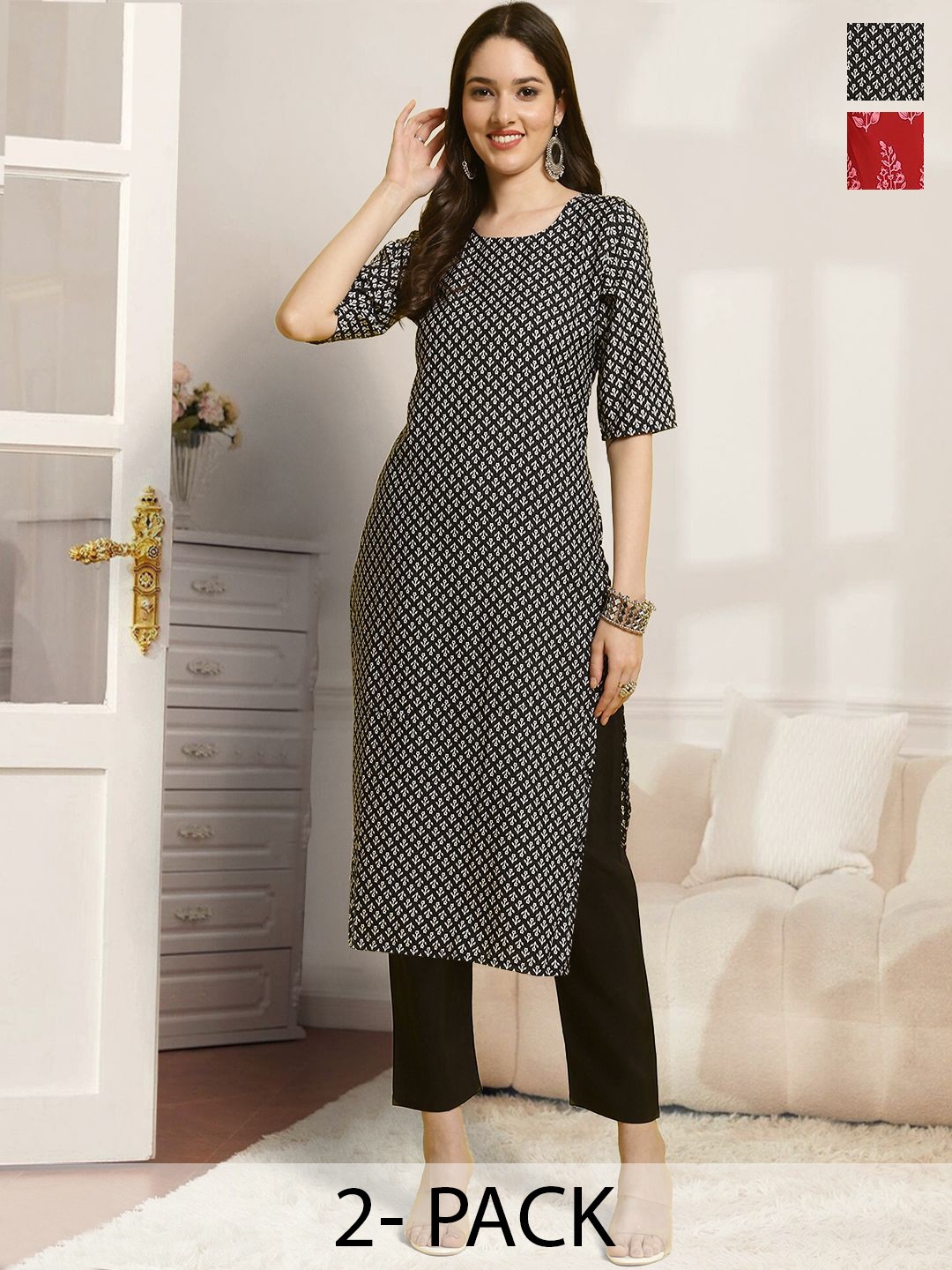 

7Threads Selection Of 2 Floral Printed Straight Kurta With Trousers, Black