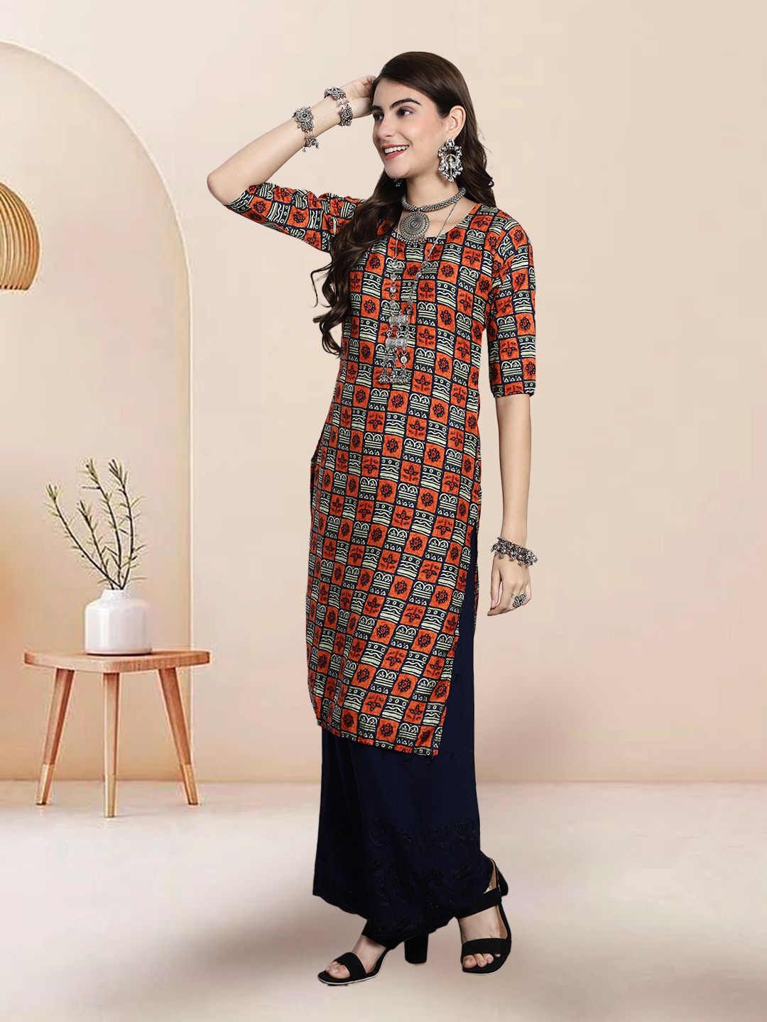 

7Threads Selection Of 3 Ethnic Motifs Printed Round Neck Straight Kurta, Orange