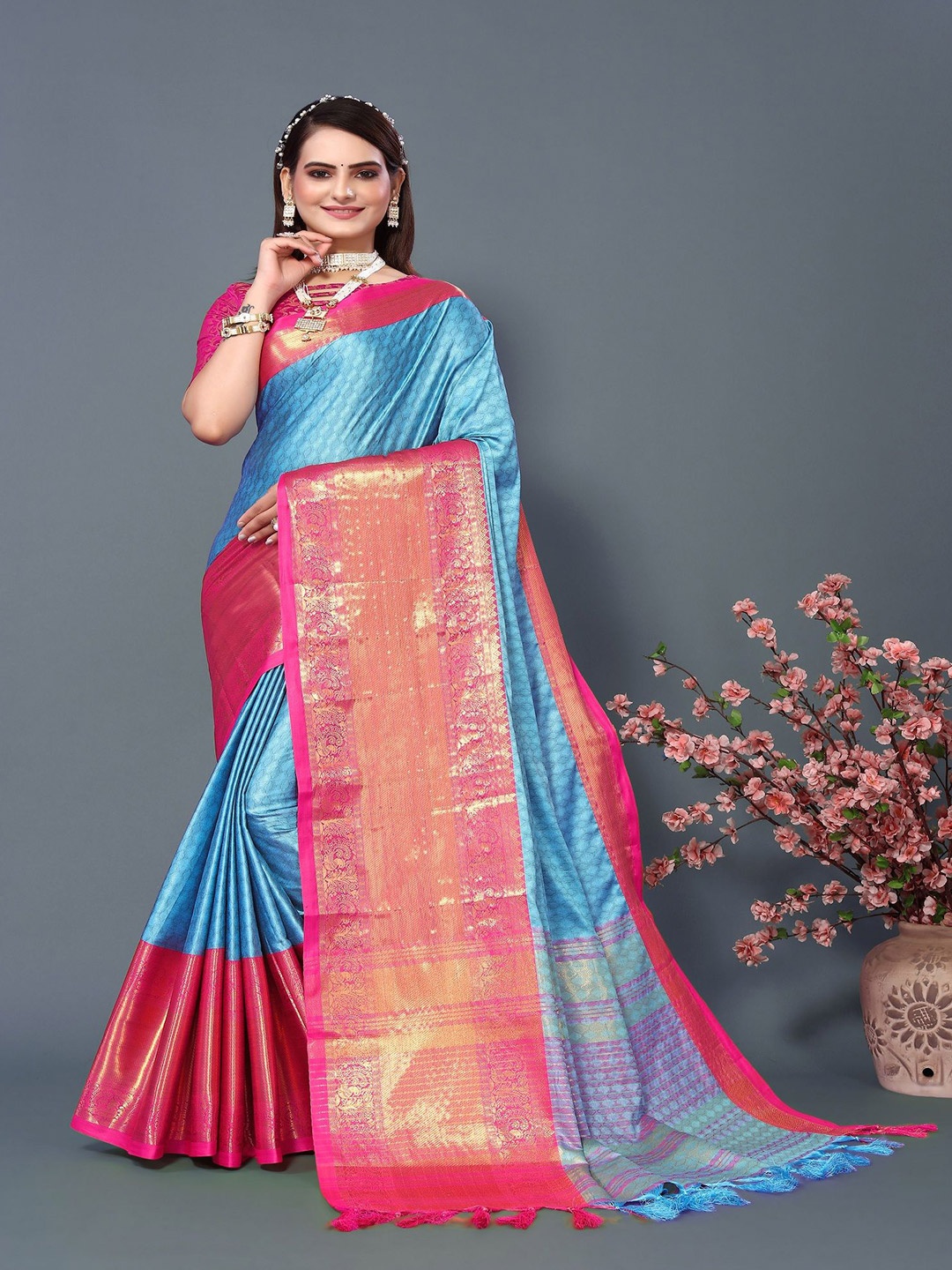 

A TO Z CART Woven Design Zari Silk Blend Banarasi Saree, Turquoise blue