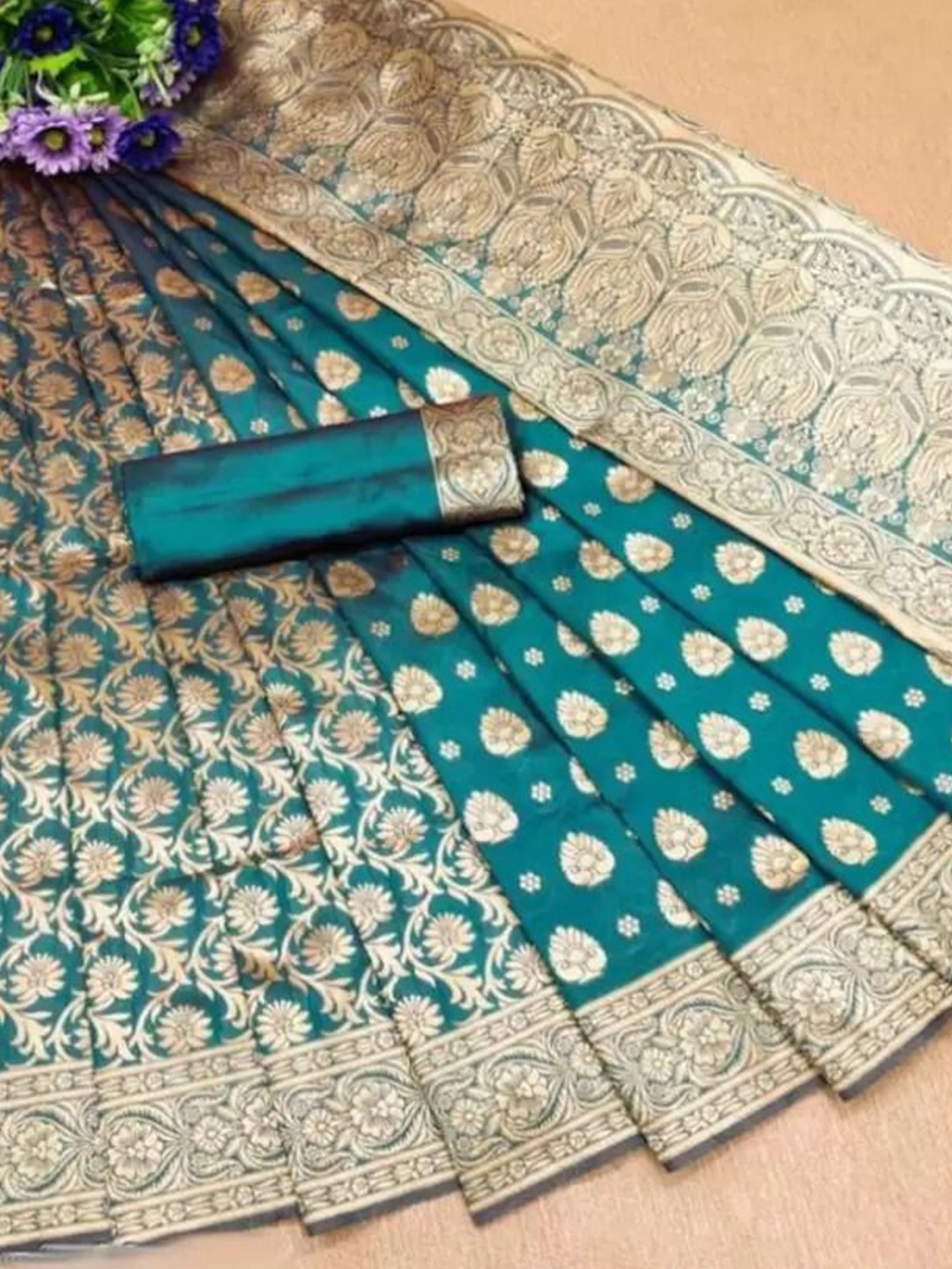 

Florence Woven Design Zari Pure Silk Saree, Teal