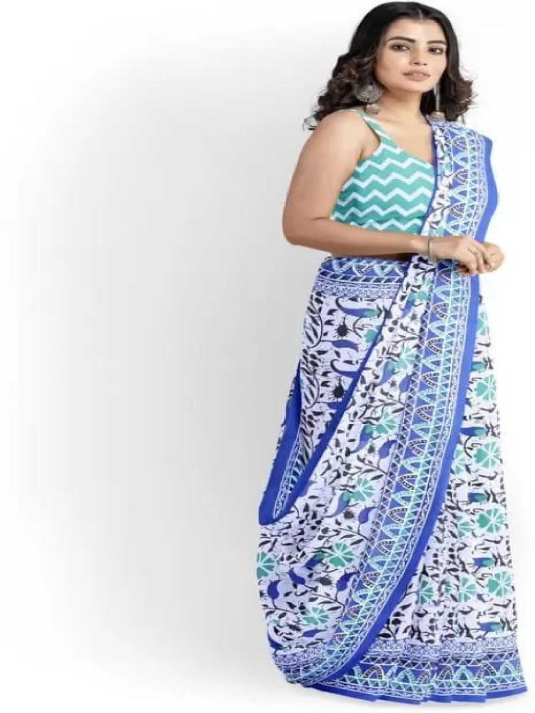 

JALTHER Floral Linen Blend Block Print Saree, Blue