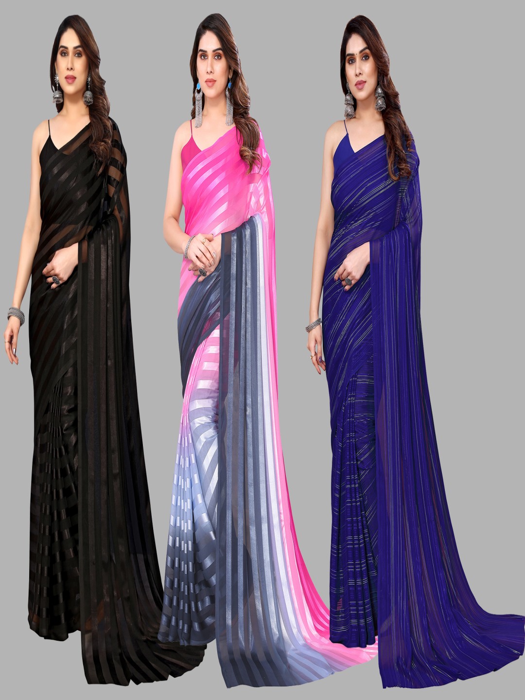 

ANAND SAREES Striped Satin Saree, Black