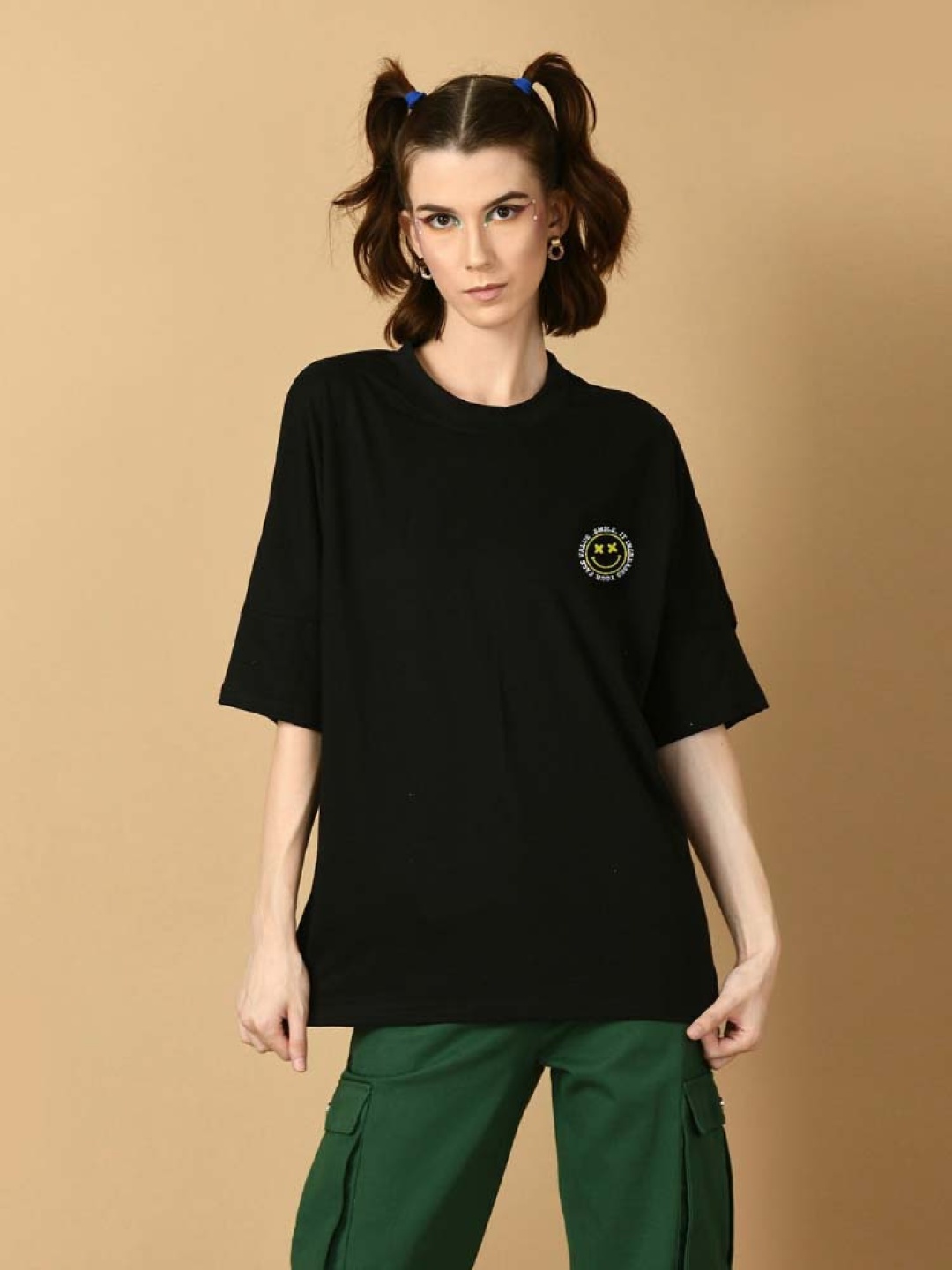 

OFFMINT Drop-Shoulder Sleeves Cotton Longline Oversized T-shirt, Black