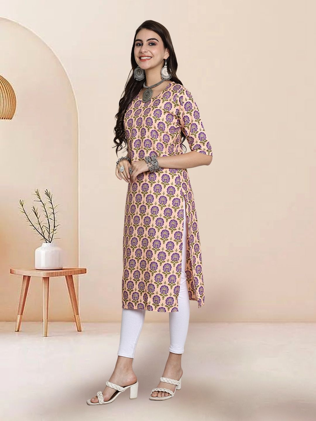

7Threads Selection Of 3 Ethnic Motifs Printed Round Neck Kurtas, Beige