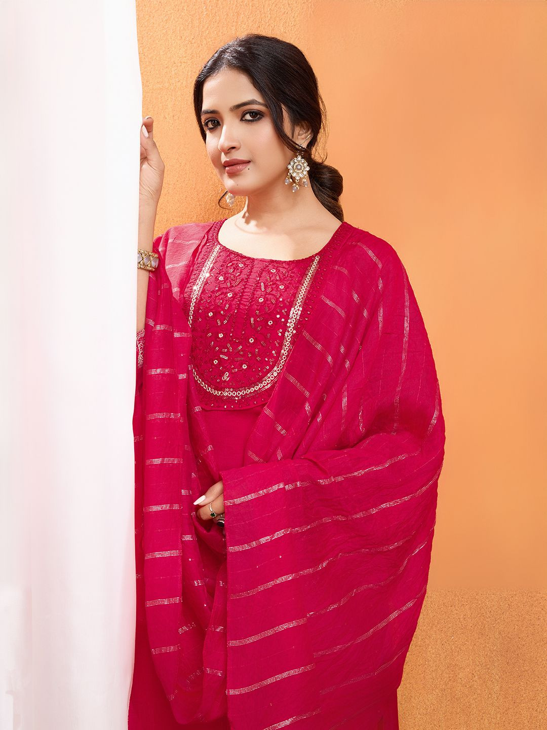 

Divyadham Textiles Floral Embroidered Round Neck Sequinned Kurta With Trouser And Dupatta, Pink