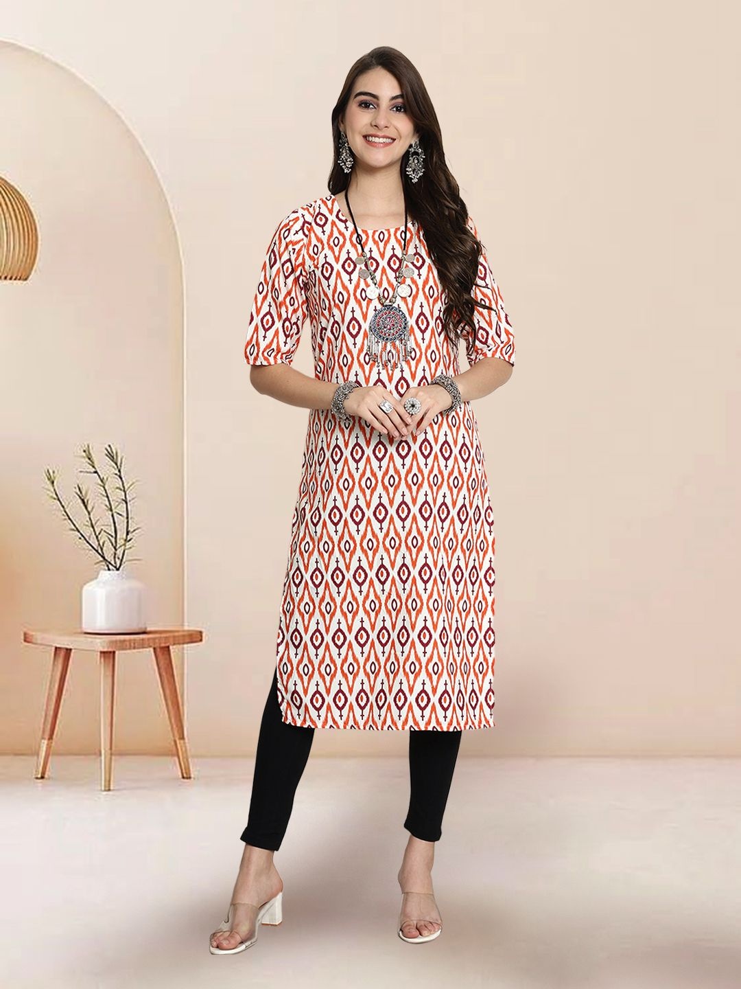 

7Threads Selection Of 4 Ethnic Motifs Printed Round Neck Straight Kurtas, White