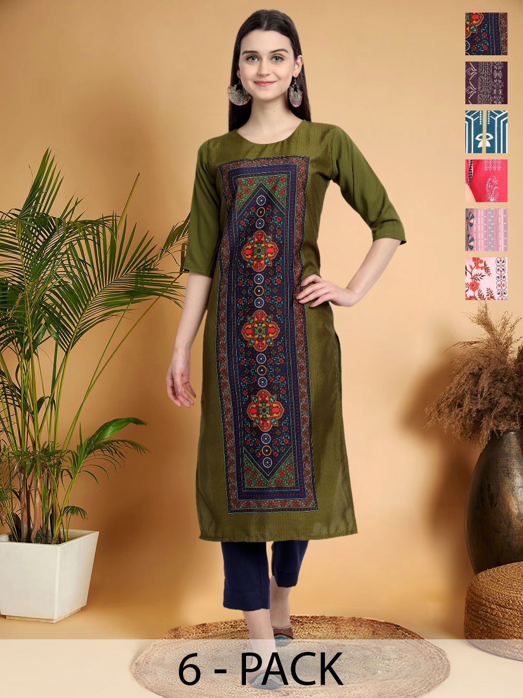 

7Threads Selection Of 6 Ethnic Motifs Printed Round Neck Kurtas, Green