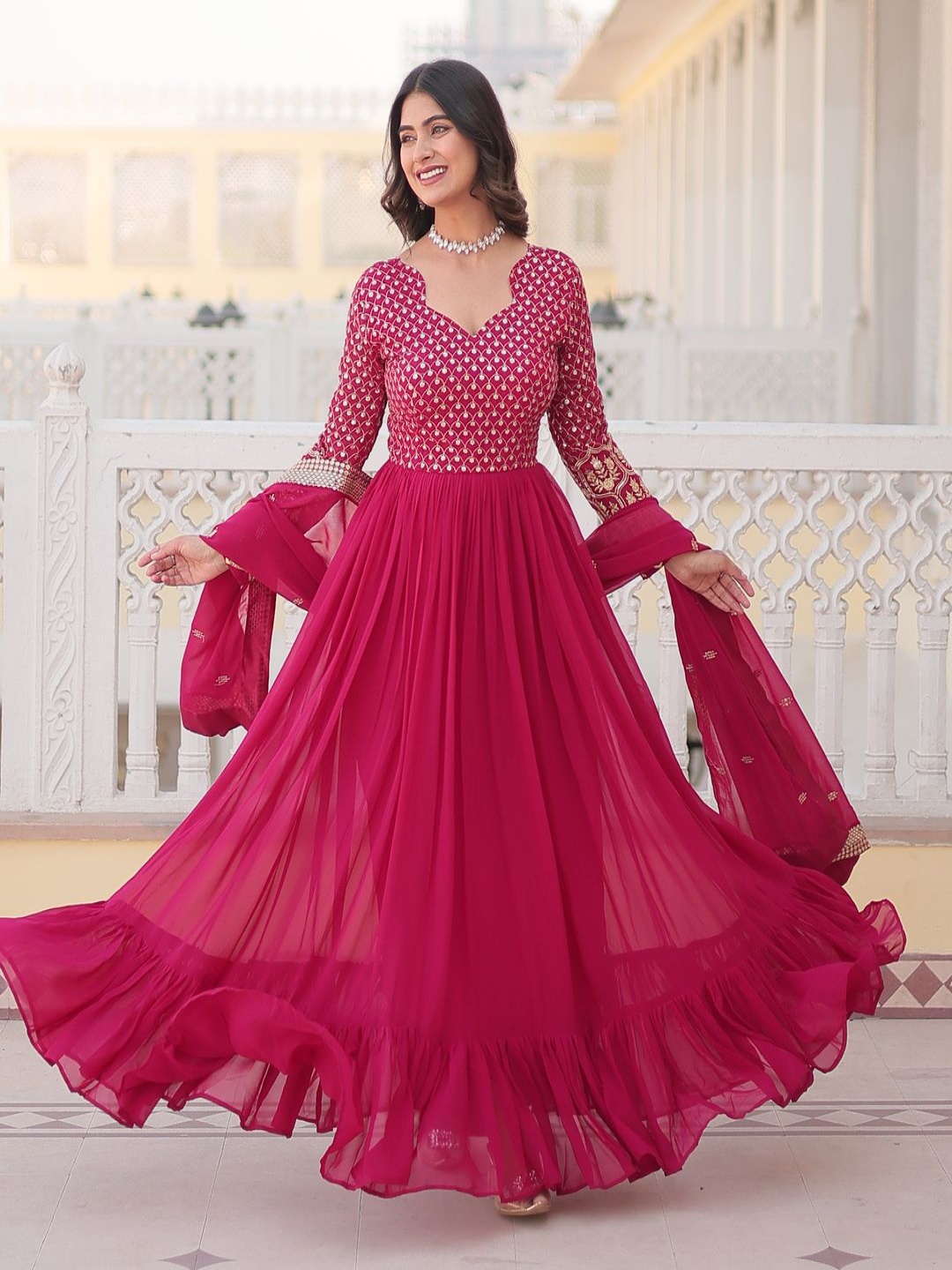 

KALINI Geometric Embroidered Sweetheart-Neck Georgette Maxi Gown With Dupatta, Pink
