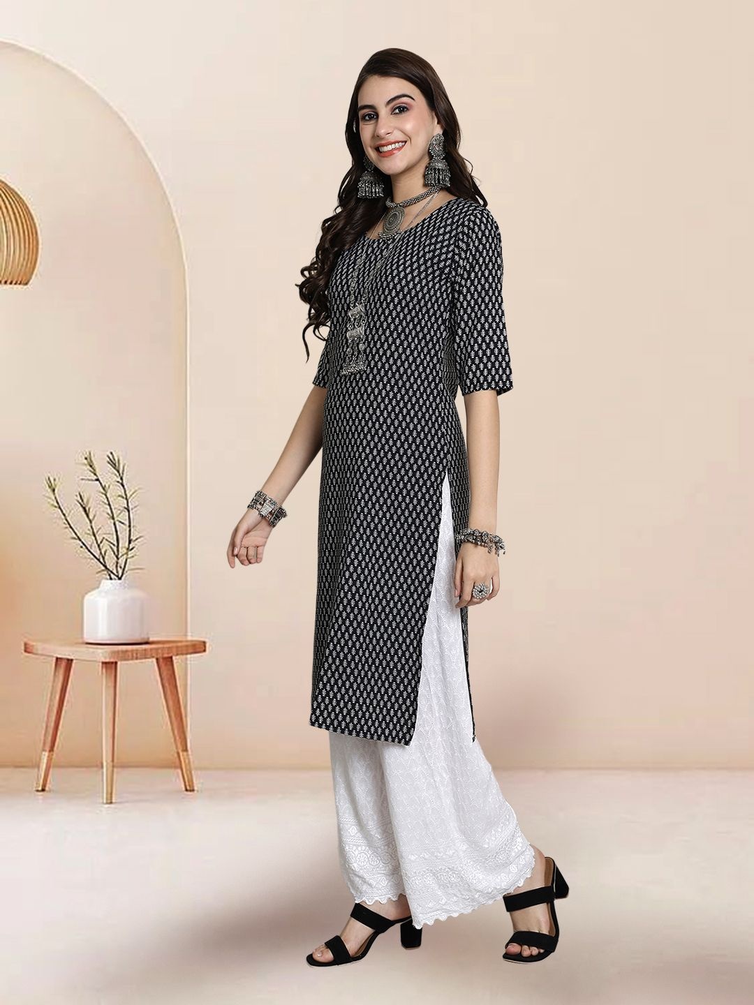 

7Threads Selection Of 3 Ethnic Motifs Printed Round Neck Straight Kurtas, Black