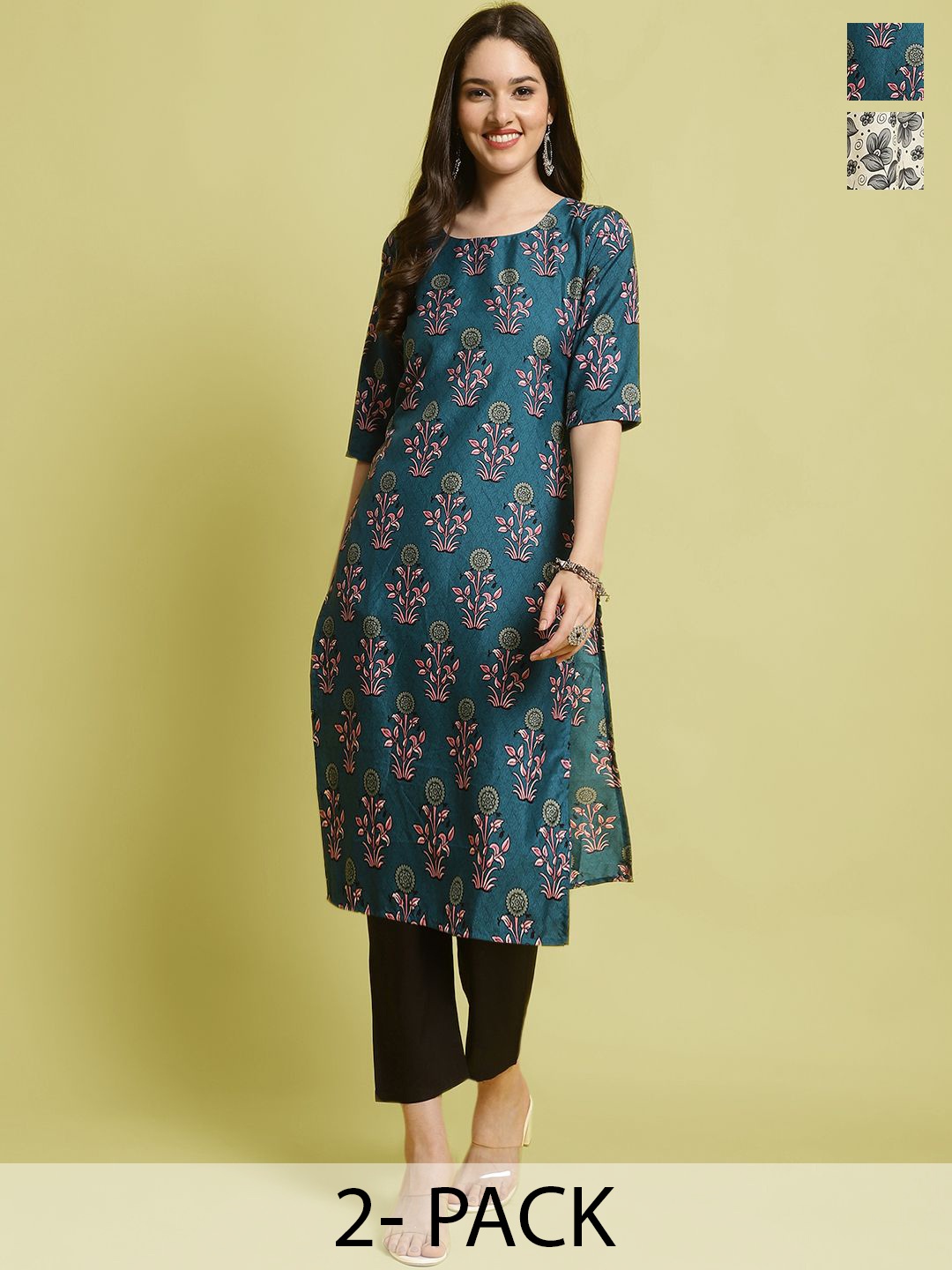 

7Threads Selection Of 2 Floral Printed Straight Kurta With Trousers, Teal