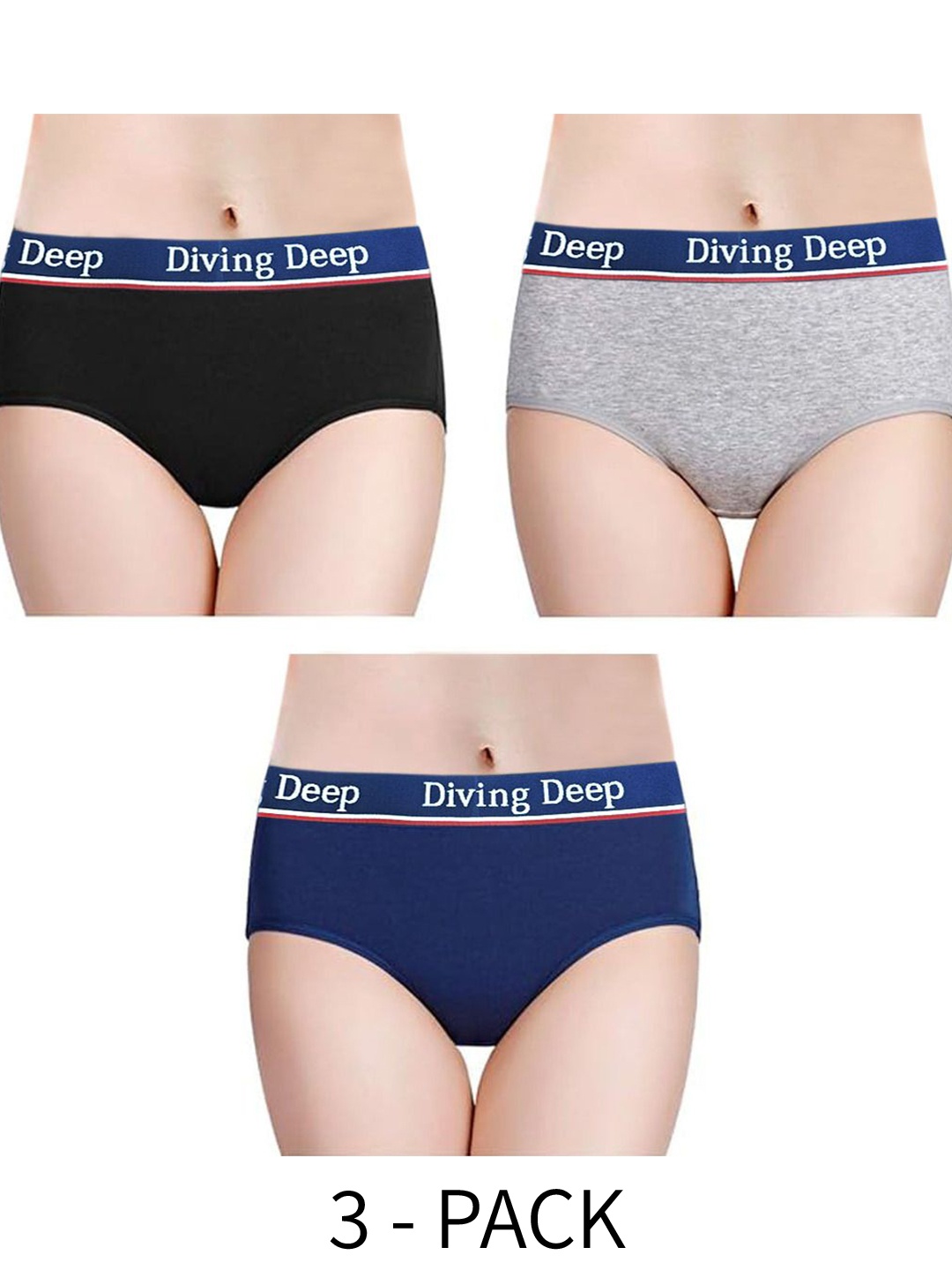 

Diving Deep Women Pack of 3 Cotton Mid-Rise Hipster Briefs, Black
