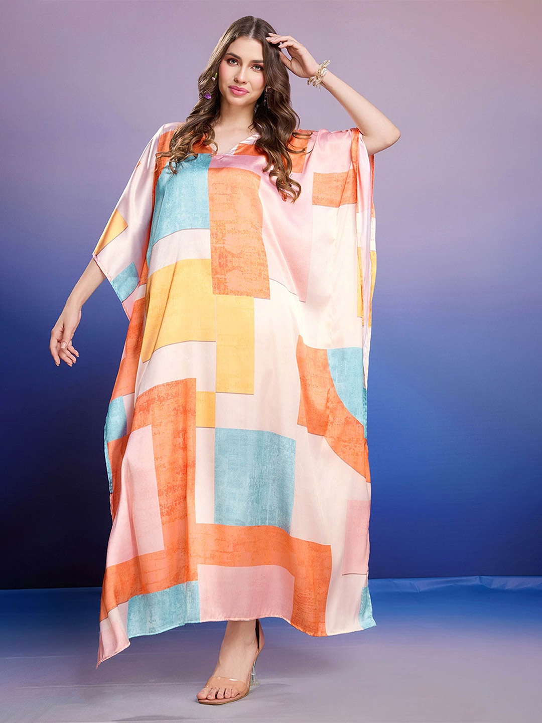 

LABEL AARNA Women Saffron Breeze Soft Satin Kaftan with Digital Print, Orange