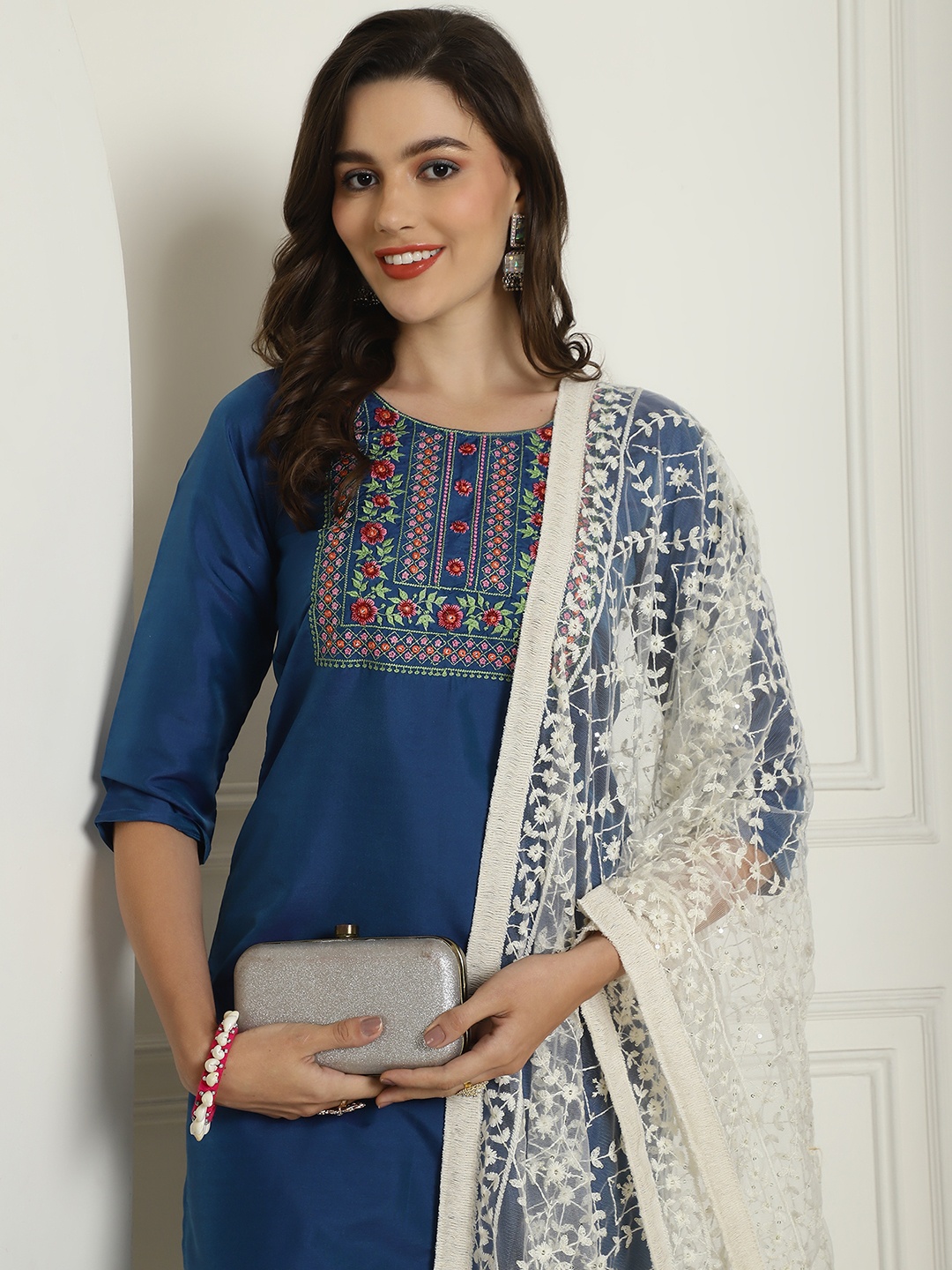 

Anouk Women Floral Embroidered Regular Chikankari Kurta with Trousers & With Dupatta, Blue