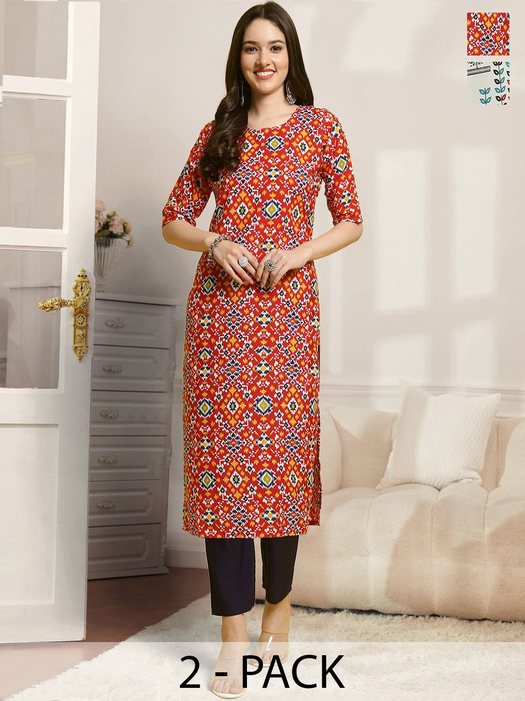 

7Threads Selection Of 2 Ethnic Motifs Printed Straight Kurtas With Trousers, Red