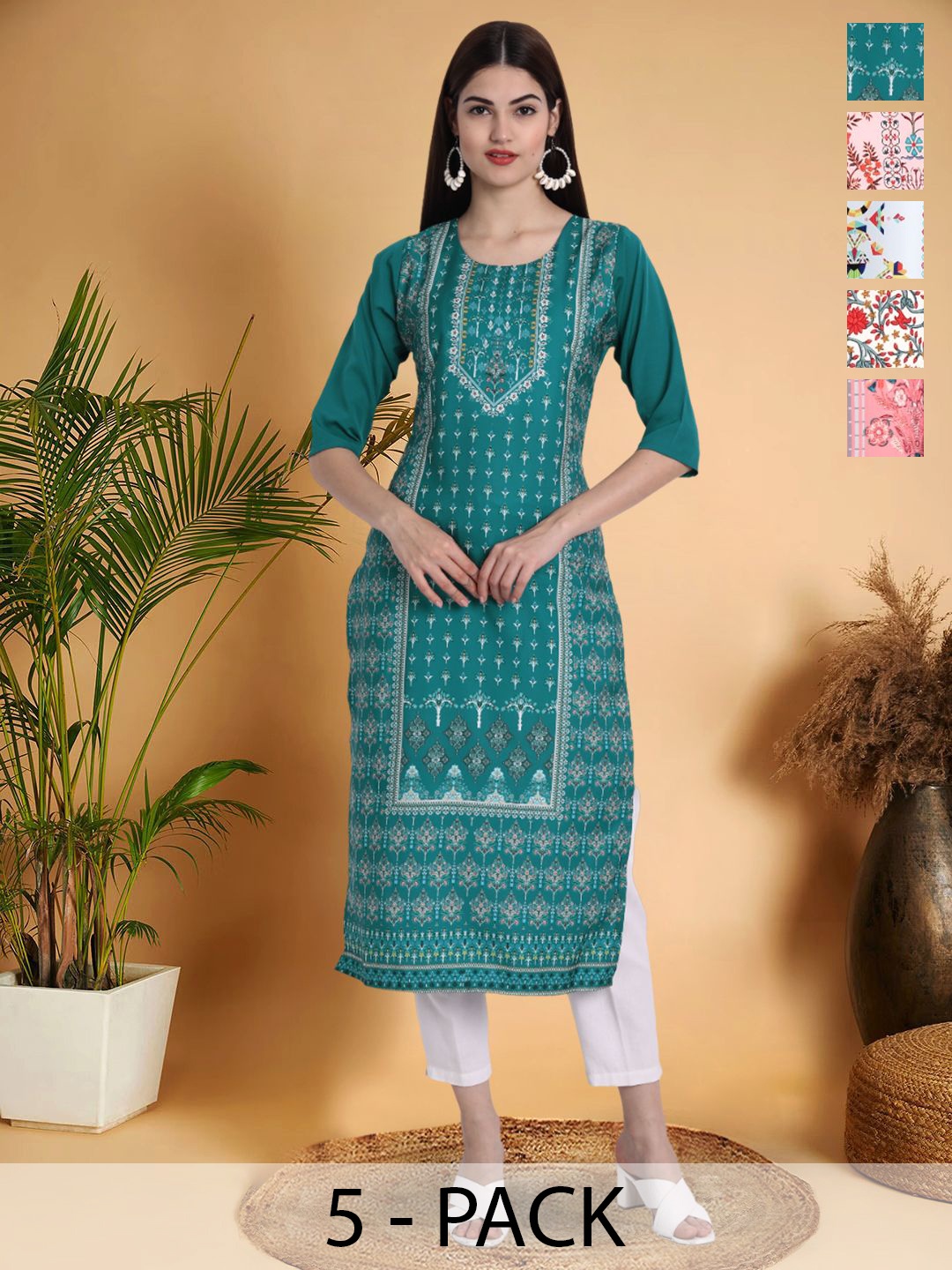 

7Threads Selection Of 5 Ethnic Motifs Printed Round Neck Straight Kurtas, Teal