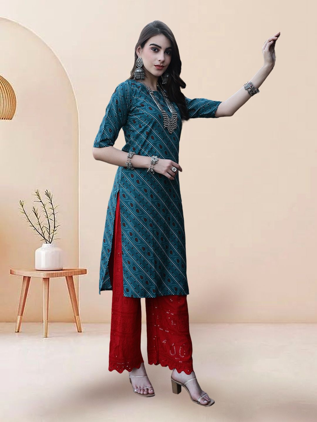 

7Threads Selection Of 2 Chevron Printed Round Neck Straight Kurtas, Teal