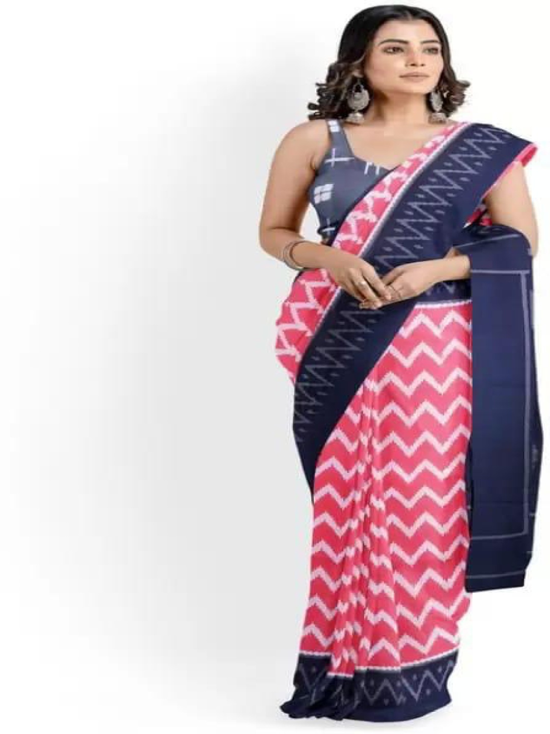 

KIAARON Ethnic Motifs Linen Blend Block Print Saree, Pink