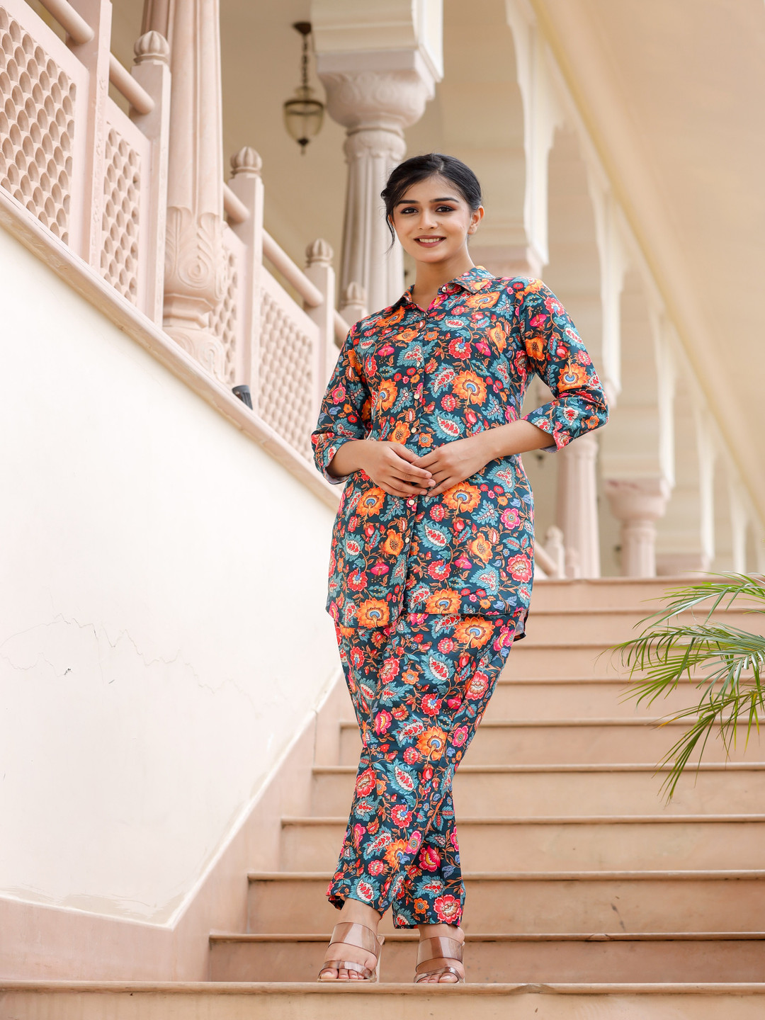 

LALI JAIPUR Printed Shirt Collar Top With Trousers Co-Ords, Green