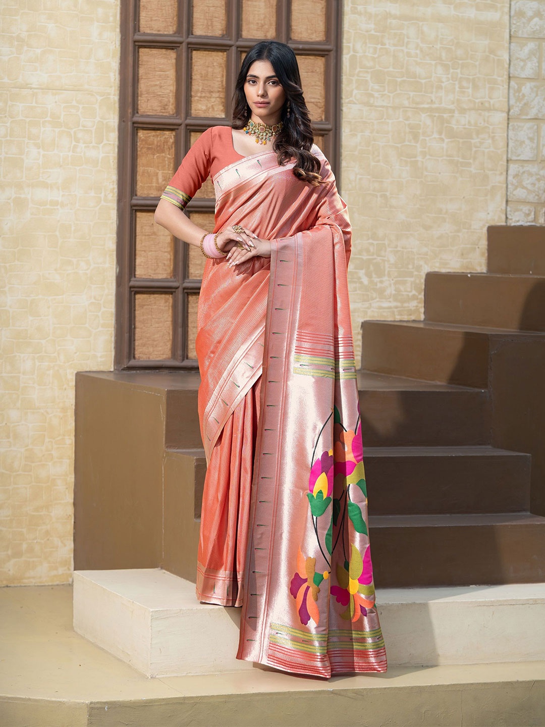 

MAHALASA Striped Zari Pure Silk Paithani Saree, Red