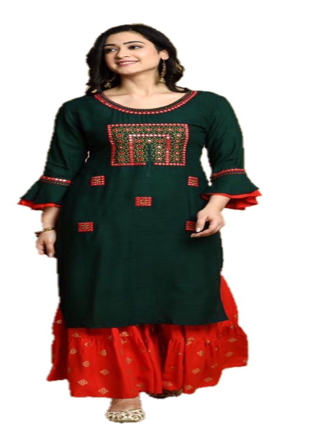 

Lookmark Ethnic Motifs Embroidered Straight Mirror Work Kurta with Sharara & Dupatta, Green