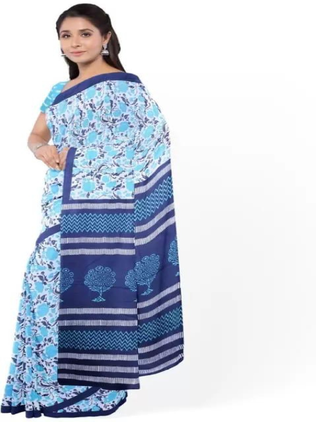 

JALTHER Floral Pure Cotton Block Print Saree, Blue