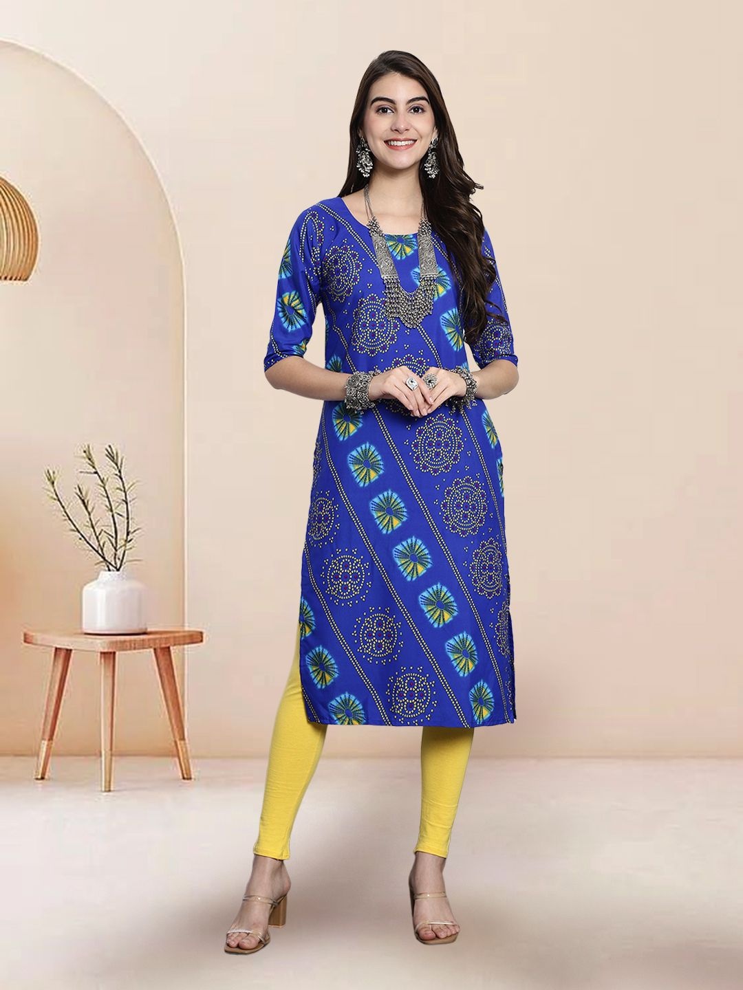 

7Threads Selection Of 2 Bandhani Printed Round Neck Straight Kurtas, Blue