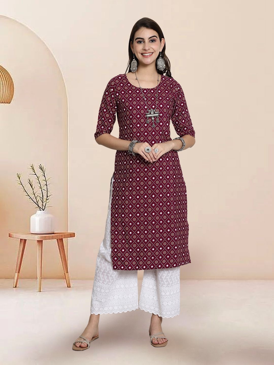 

7Threads Selection Of 6 Ethnic Motifs Printed Round Neck Kurtas, Maroon