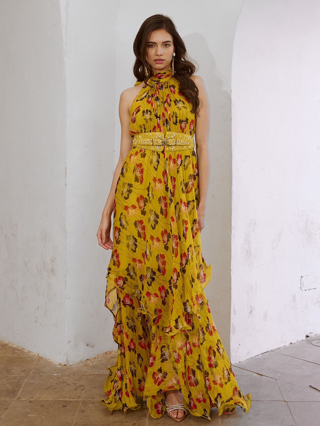 

Pallavi Jaipur Gulbahar Bumble Bee Printed Halter Neck Tunic With Palazzo & Belt, Lime green