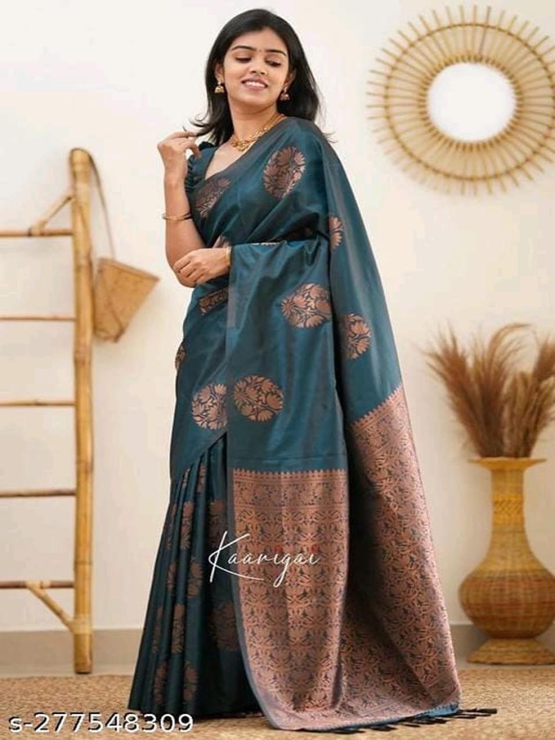 

KALINI Floral Zari Silk Cotton Kanjeevaram Saree, Teal