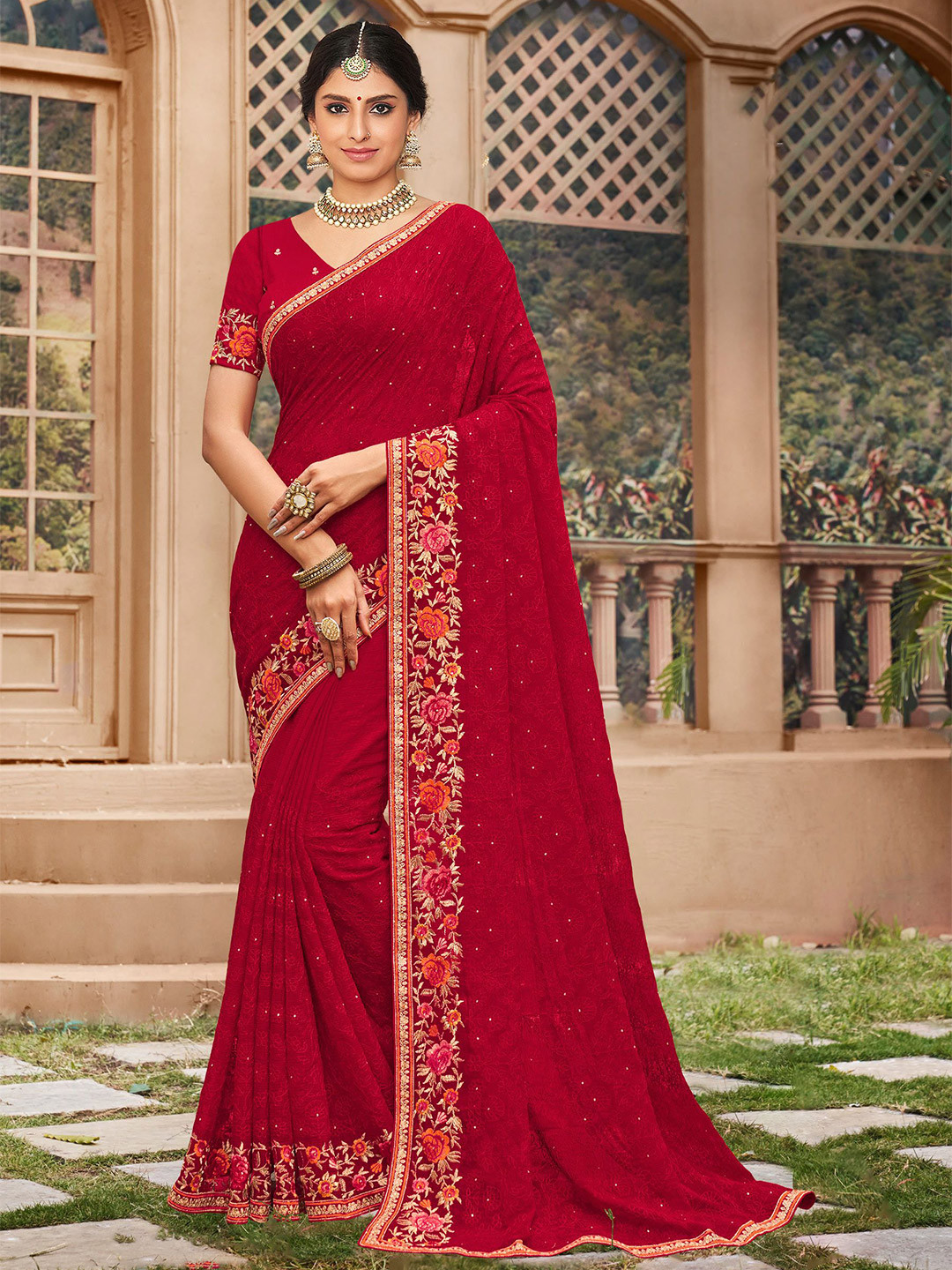

Laxmipati Floral Beads and Stones Poly Chiffon Saree, Red