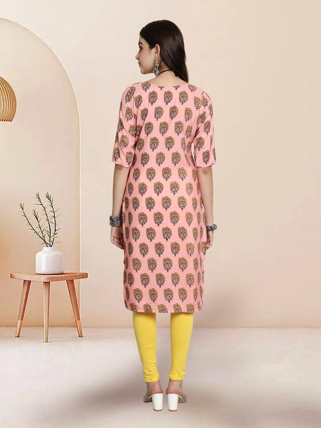 

7Threads Selection Of 4 Ethnic Motifs Printed Round Neck Kurtas, Peach