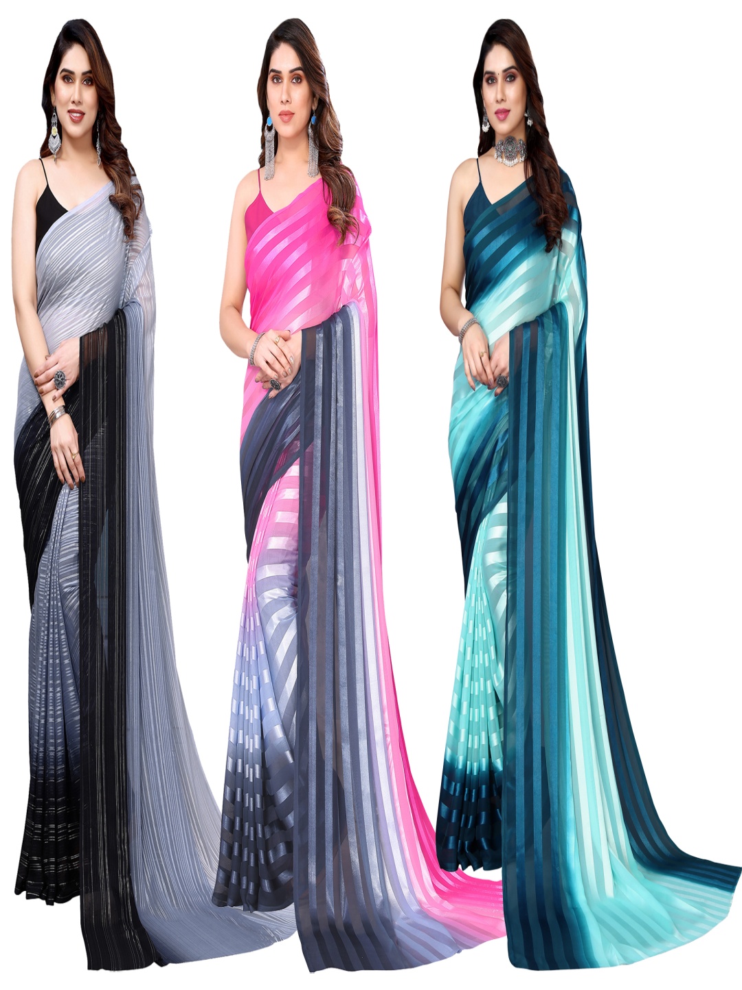 

ANAND SAREES Striped Satin Saree, Grey