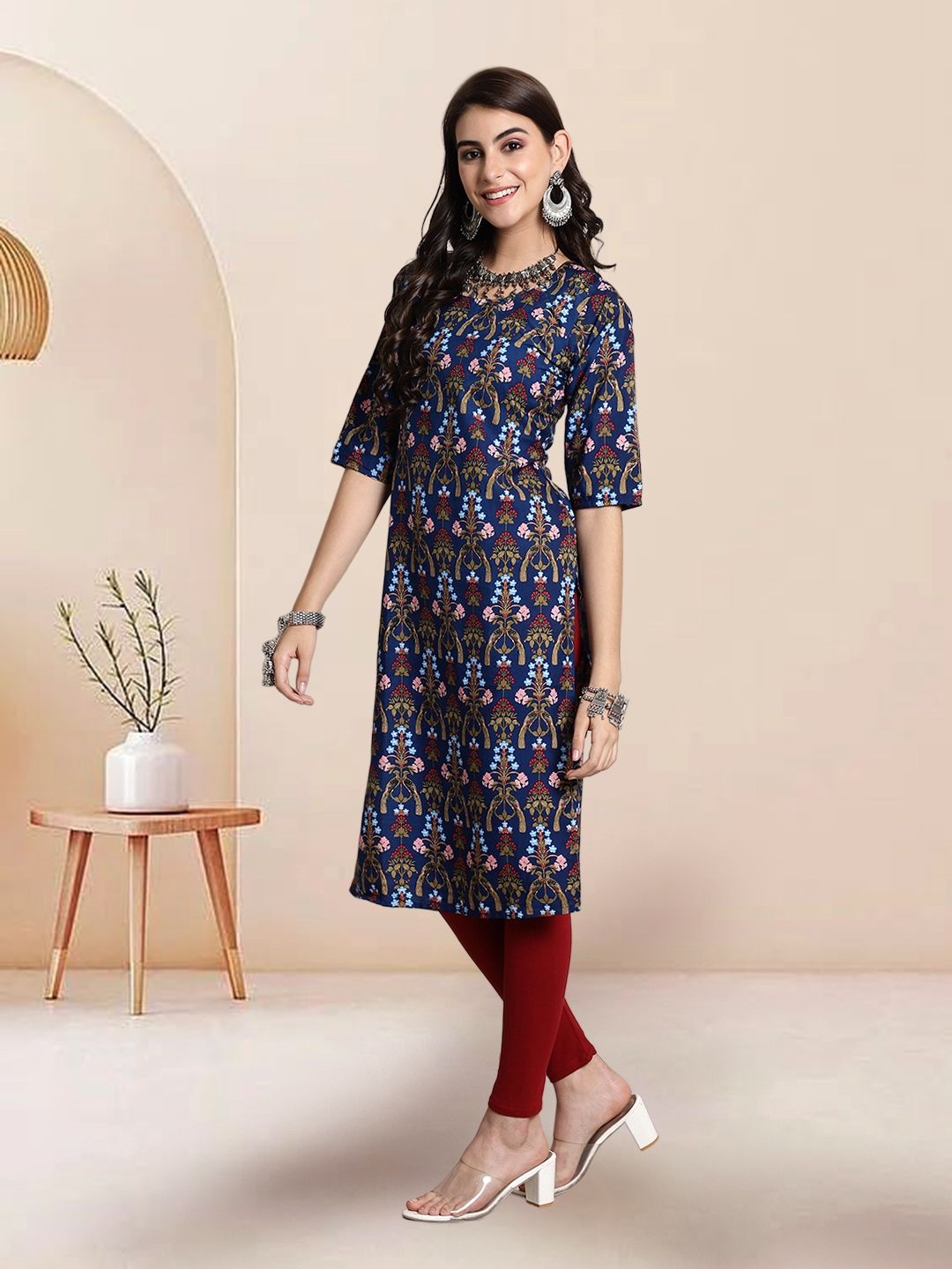 

7Threads Selection of 3 Floral Printed Round Neck Straight Kurtas, Navy blue