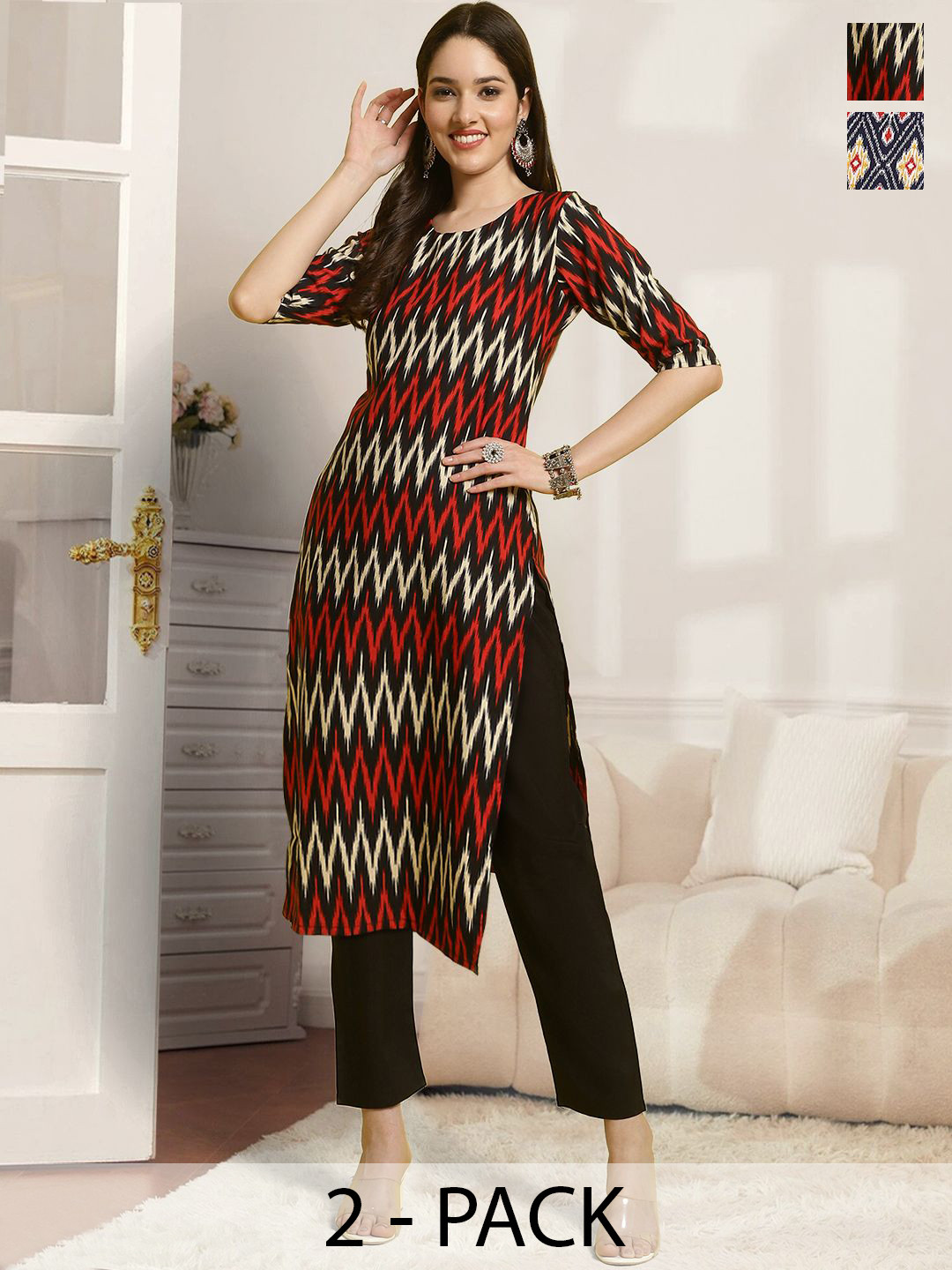

7Threads Selection Of 2 Chevron Printed Round Neck Straight Kurta With Trousers, Black