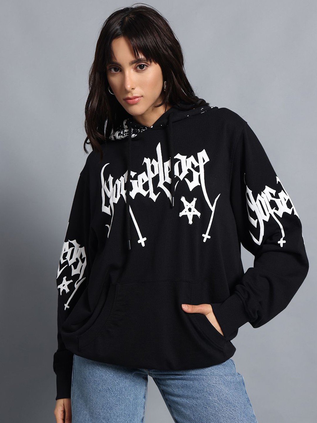 

PUNK Women Printed Hooded Sweatshirt, Black