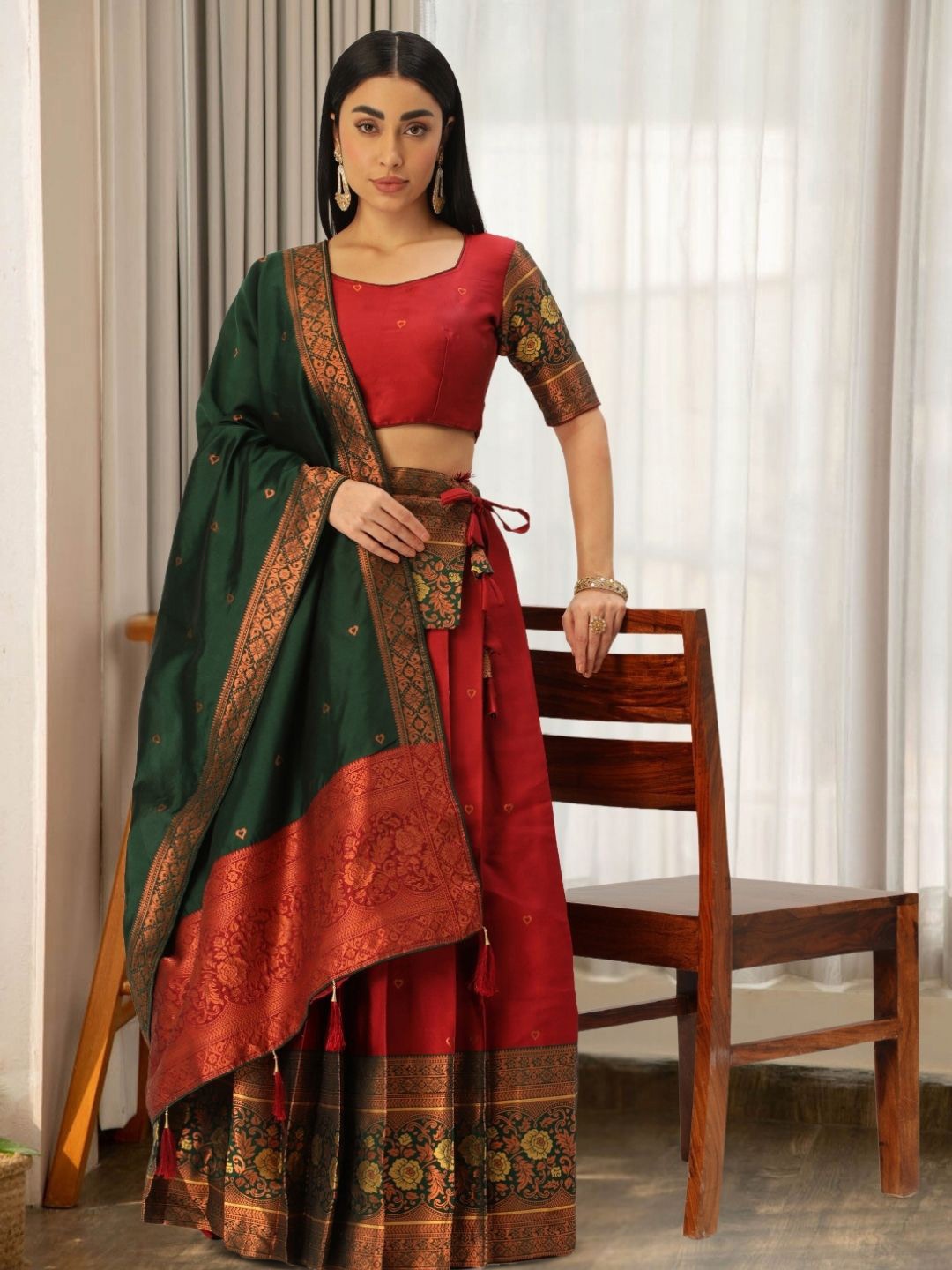 

MAGMINA Woven Design Zari Semi-Stitched Lehenga & Unstitched Blouse With Dupatta & Belt, Maroon