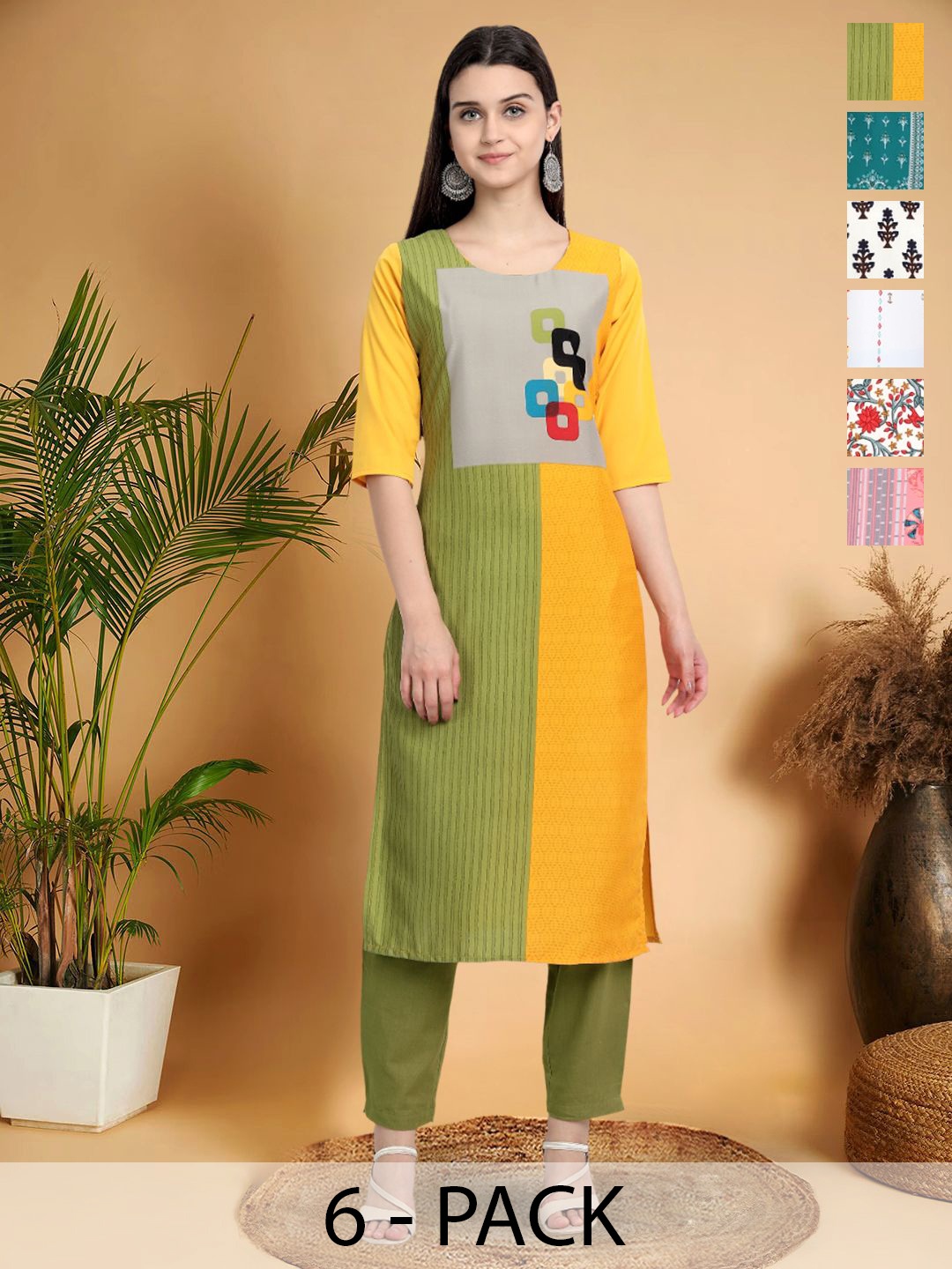 

7Threads Selection Of 6 Colourblocked Printed Round Neck Kurtas, Yellow