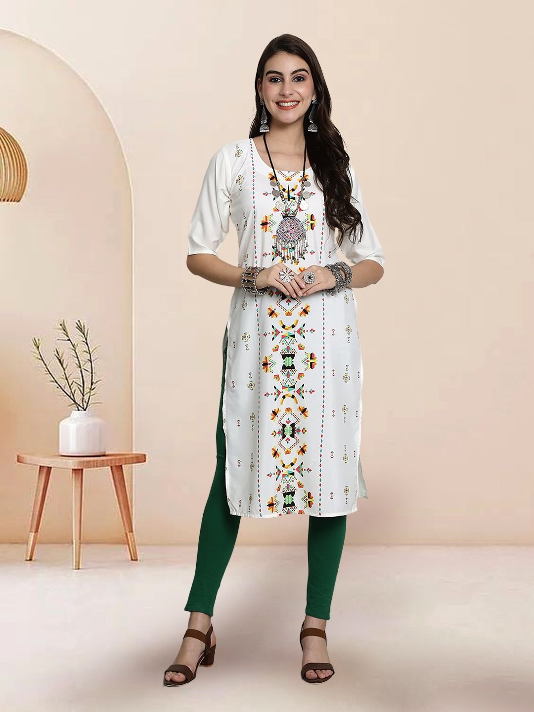 

7Threads Selection Of 3 Geometric Round Neck Straight Kurtas, White