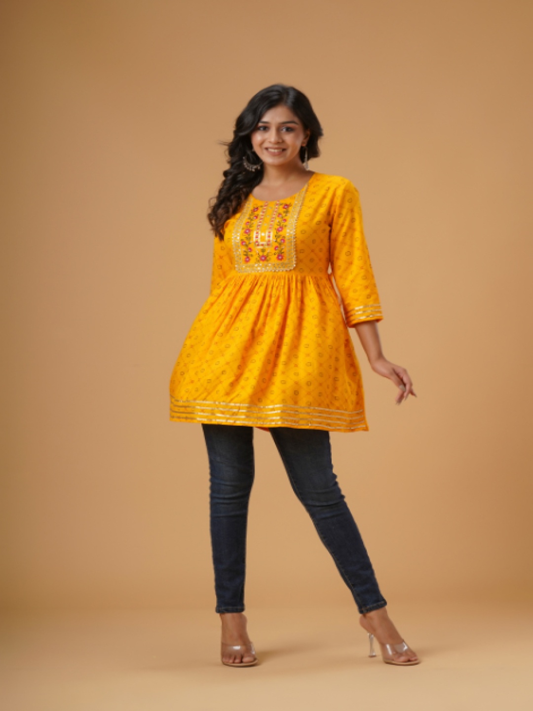 

BAIRAJ Floral Print Bell Sleeve Crepe Empire Longline Top, Yellow
