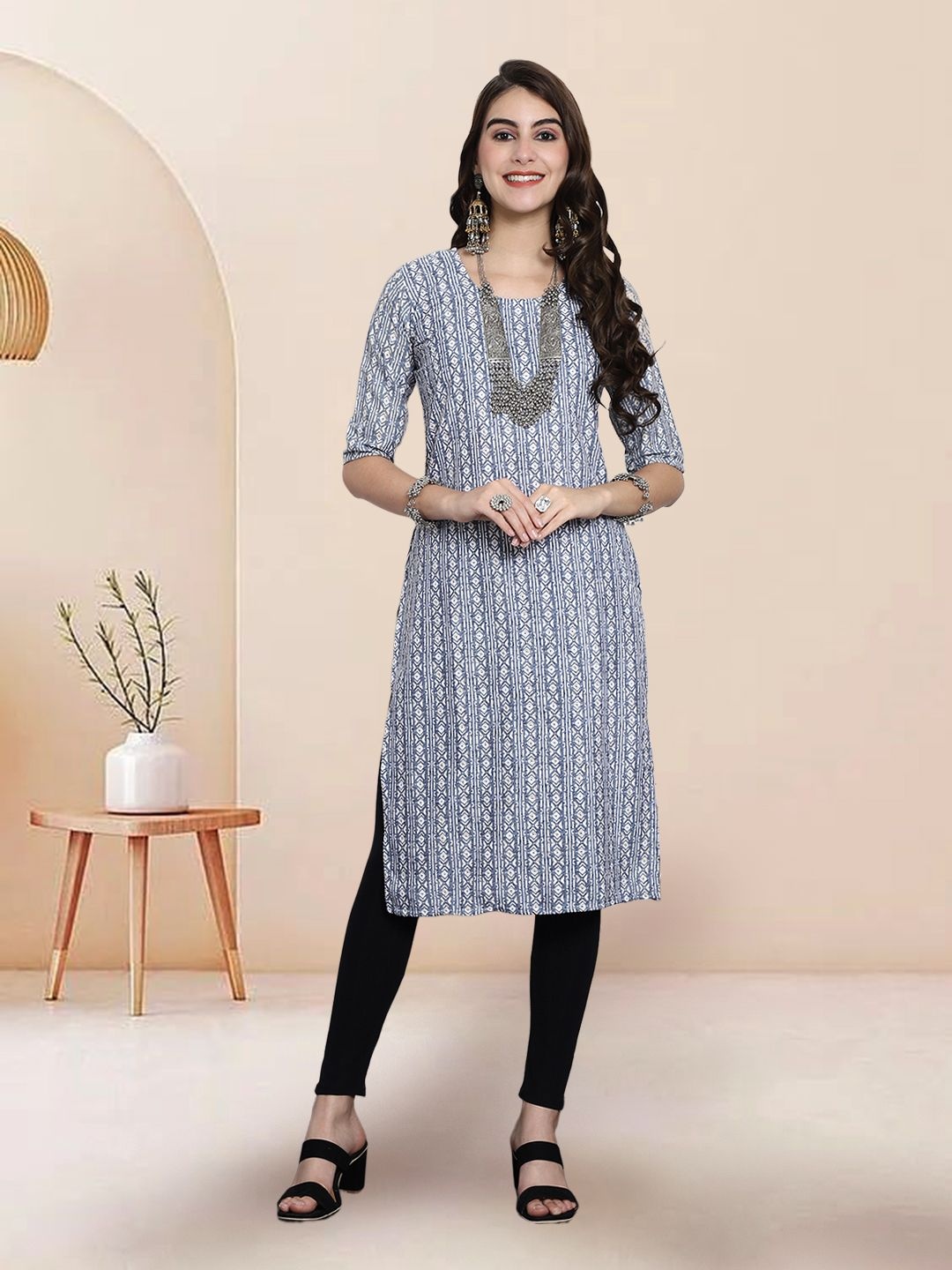 

7Threads Selection Of 3 Ethnic Motifs Printed Round Neck Straight Kurtas, Navy blue