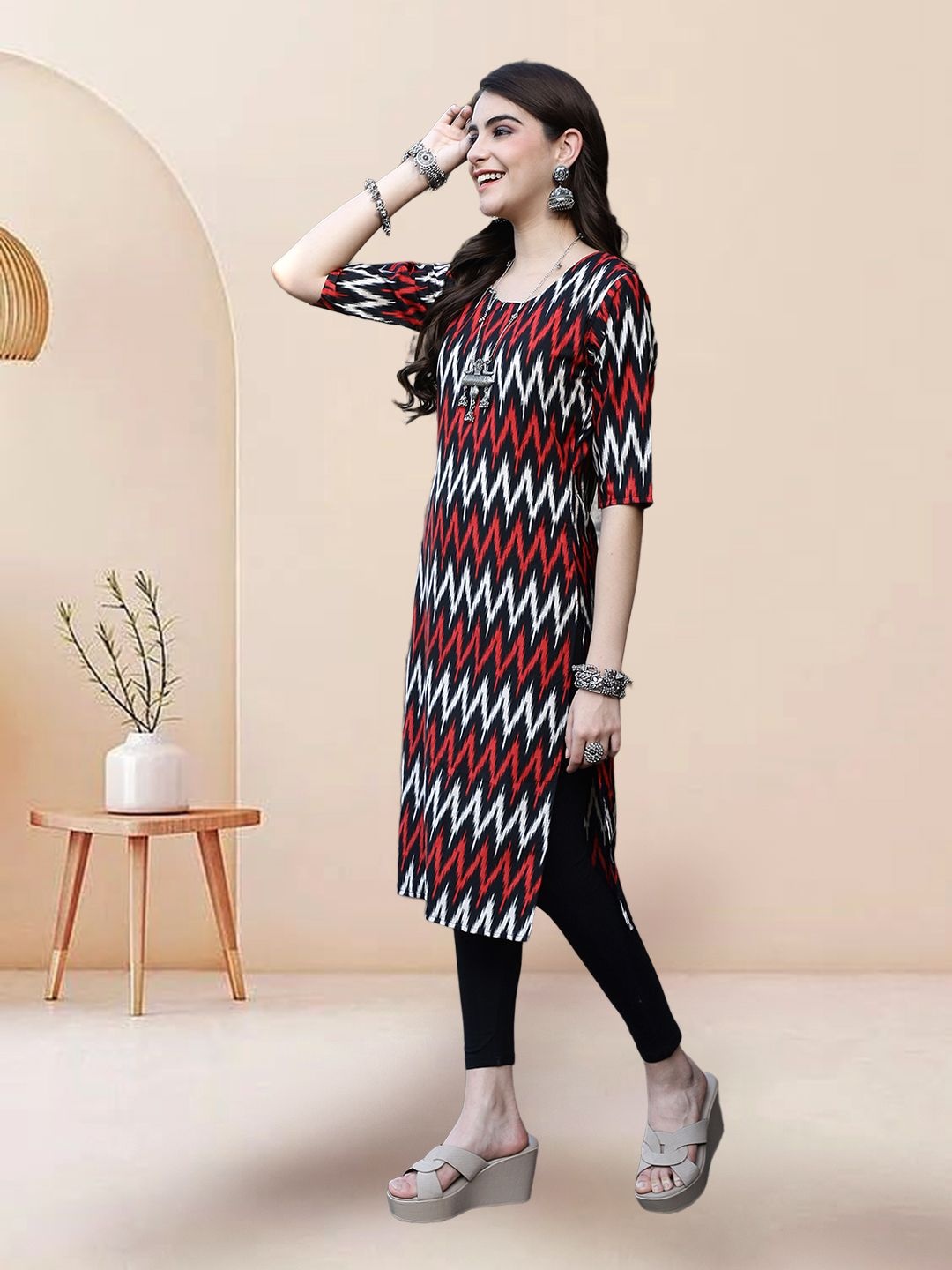 

7Threads Selection Of 3 Ethnic Motifs Printed Round Neck Straight Kurtas, Black