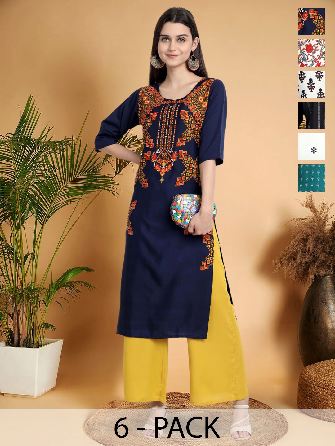 

7Threads Selection Of 6 Ethnic Motifs Printed Round Neck Kurtas, Navy blue