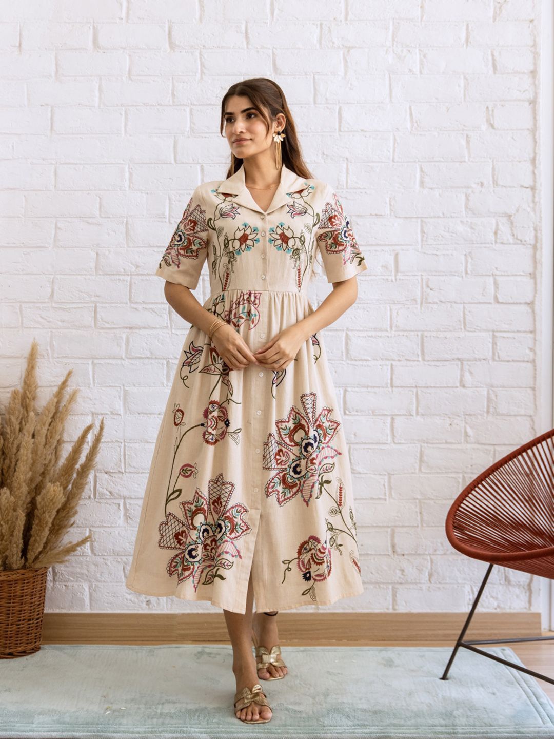 

Meena Bazaar Floral Embroidered Linen Fit & Flare Midi Dress, Beige