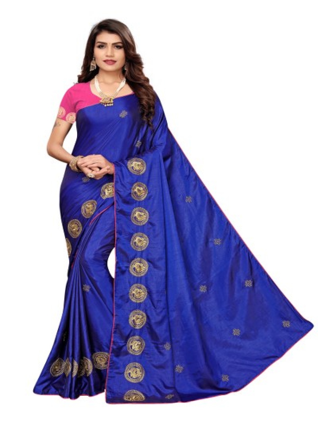 

KALINI Ethnic Motifs Embroidered Silk Cotton Kanjeevaram Saree, Navy blue