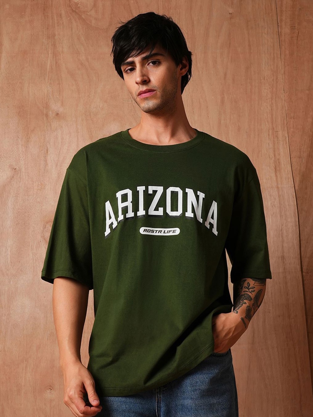 

The Roadster Lifestyle Co. Men Typography Printed Round Neck Cotton Relaxed Fit T-shirt, Olive