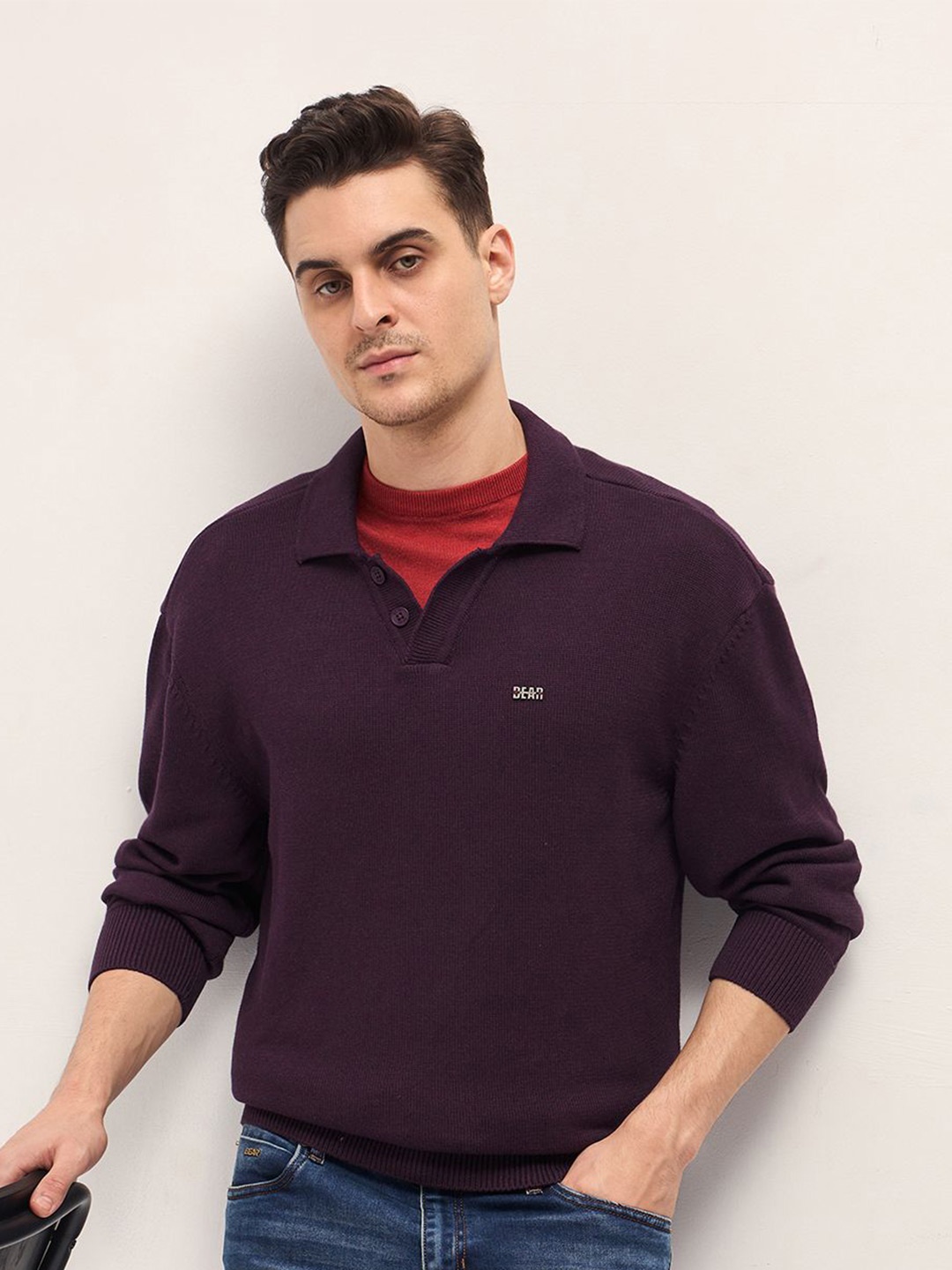 

THE BEAR HOUSE Men Shirt Collar Casual T-shirt, Purple