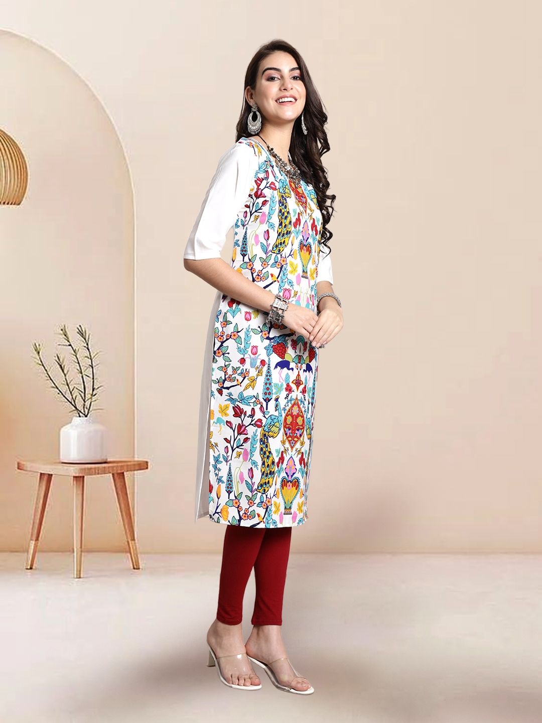 

7Threads Selection Of 2 Floral Printed Round Neck Straight Kurtas, White